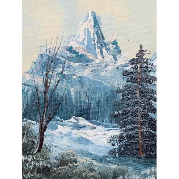 𝅺UNKNOWN Artist Oil Painting Beautiful Snowy Mountain Forest Landscape - Picture 9 of 10